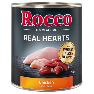 Rocco Real Hearts, Huhn mit ganzen Hühnerherzen, 800g Dose. Text: It's Meat Time, Chicken - Huhn - Poulet.