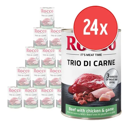 24 puszki Rocco Trio di Carne, 400 g, widoczne mięso na etykiecie, napis: Beef with chicken & game, 3 varieties of meat and offal.