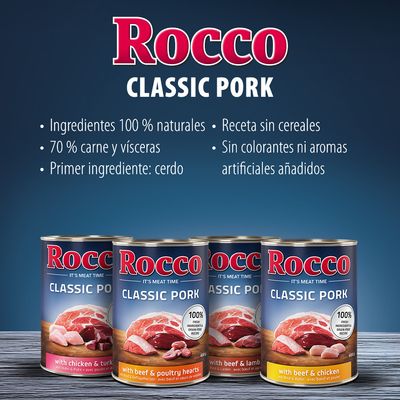 Rocco Classic Pork. Ingredientes 100 % naturales, 70 % carne y vísceras, primer ingrediente cerdo, receta sin cereales, sin colorantes ni aromas artificiales añadidos.