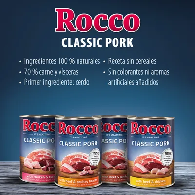 Rocco Classic Pork. Ingredientes 100 % naturales, 70 % carne y vísceras, primer ingrediente cerdo, receta sin cereales, sin colorantes ni aromas artificiales añadidos.