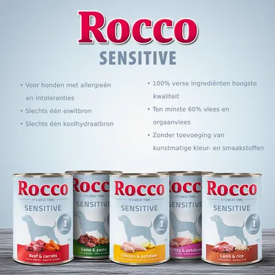 Rocco Sensitive natvoer voor honden, varianten: Beef & carrots, Game & pasta, Chicken & potatoes, Turkey & potatoes, Lamb & rice. Slechts één eiwit- en koolhydraatbron, 60% vlees.