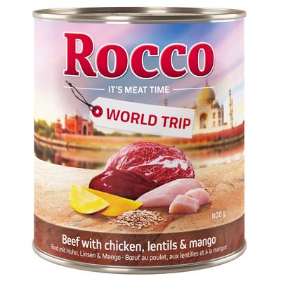 Rocco World Trip. Marha csirkével, lencsével és mangóval. 800 g-os konzerv. Háttérben a Tádzs Mahal látható.