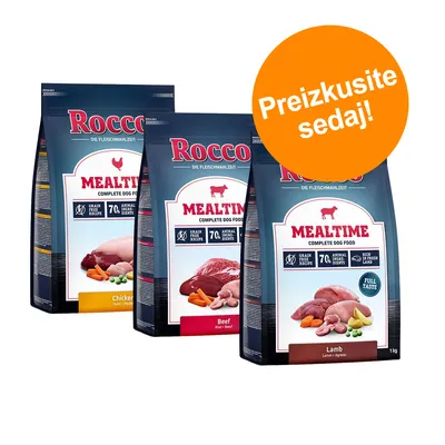 Tri vreče pasje hrane Rocco Mealtime: Chicken, Beef, Lamb. Na oranžnem krogu besedilo: Preizkusite sedaj! Vidni napisi: Grain Free Recipe, 7% Animal Single Diets, Full Taste.