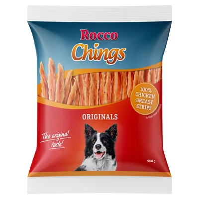 Rocco Chings Originals, 100% kuřecí prsní proužky, 900g. Balení s obrázkem psa a kuřecích proužků.