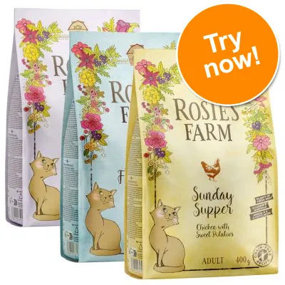 Rosie’s Farm cat food, visible flavour Sunday Supper Chicken with Sweet Potatoes, 400g, Adult. Three bags shown. Orange badge reads: Try now!