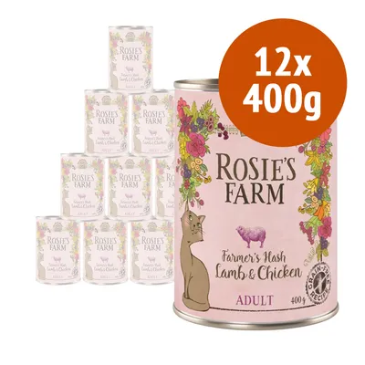 12 lattine da 400 g ciascuna di ROSIE'S FARM Farmer's Hash Lamb & Chicken ADULT, ricetta senza cereali, confezione con illustrazione di gatto e fiori. Testo in inglese sull'etichetta.