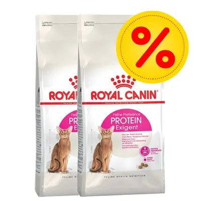Royal Canin Feline Preference Protein Exigent kissanruokapakkaus, kaksi pussia ja keltainen alennusmerkki (%) näkyvissä Royal Canin Feline Preference Protein Exigent kissanruokapakkaus, kaksi pussia ja keltainen alennusmerkki (%) näkyvissä