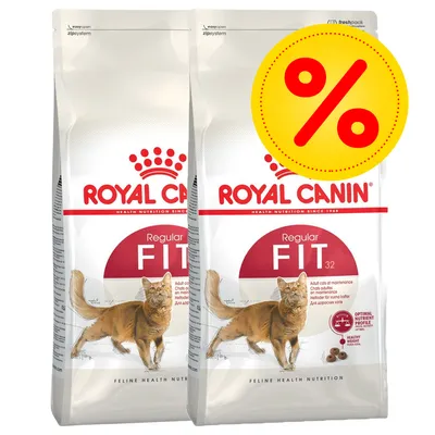 Kaksi Royal Canin Regular Fit 32 kissanruokapussia, edessä keltainen alennusmerkki (%) Kaksi Royal Canin Regular Fit 32 kissanruokapussia, edessä keltainen alennusmerkki (%)
