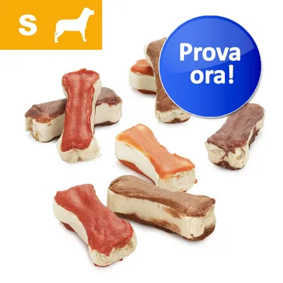 Snack a forma di osso per cani, vari colori. Etichetta arancione con S e sagoma cane, bollino blu con testo: Prova ora! Snack a forma di osso per cani, vari colori. Etichetta arancione con S e sagoma cane, bollino blu con testo: Prova ora!