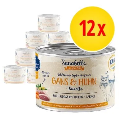 Sanabelle Gans & Huhn + Karotte våtfoder för katt, 12-pack burkar. Text på burk: Schlemmerntopf mit feiner Gans & Huhn + Karotte, with goose & chicken • carrot.