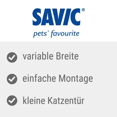 SAVIC pets’ favourite. Texte en allemand : variable Breite, einfache Montage, kleine Katzentür.