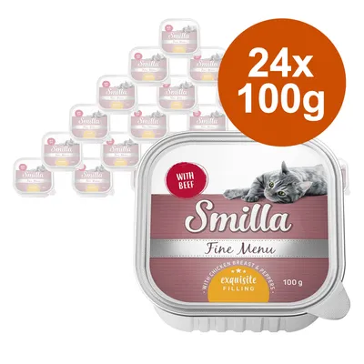 Lot de 24 barquettes Smilla Fine Menu 100 g, texte visible : With Beef, Smilla Fine Menu, with chicken breast & peppers, exquisite filling. Chat illustré sur l’emballage.