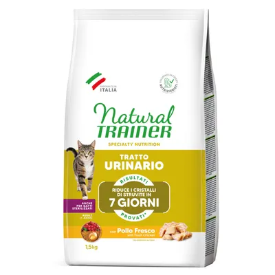 Natural Trainer Tratto Urinario -kissanruoka, vähentää struviittikiteitä 7 päivässä, sopii myös steriloiduille kissoille, tuoretta kanaa, 1,5 kg, valmistettu Italiassa.