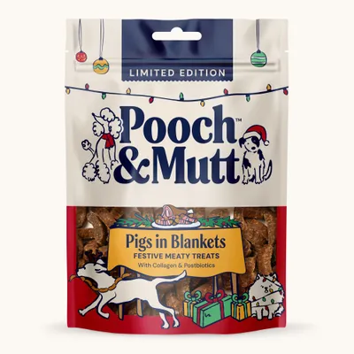 Pooch & Mutt Limited Edition Pigs in Blankets Festive Meaty Treats with Collagen and Postbiotics, packaging with Christmas motifs Pooch & Mutt Limited Edition Pigs in Blankets Festive Meaty Treats with Collagen and Postbiotics, packaging with Christmas motifs