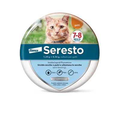 Seresto collare per gatti Elanco, 1,25 g + 0,56 g. Protezione 7–8 mesi. Uccide zecche e pulci, allontana le zecche. Prodotto resistente all’acqua, collare grigio, inodore.