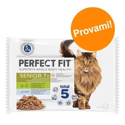 Perfect Fit Senior 7+ total 5, alimento umido per gatti anziani, confezione da 4x85g, scritta 'Provami!' su bollino arancione, immagine di gatto e crocchette in salsa.