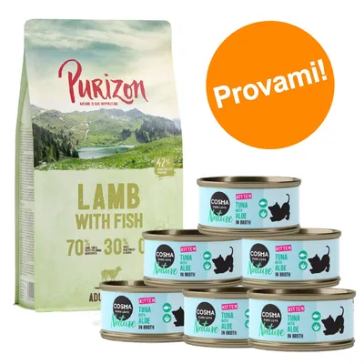 Sacchetto Purizon Lamb with Fish 70 % agnello e pesce, 30 % verdure; 6 lattine Cosma Nature Kitten Tuna with Aloe in Broth. Bollino arancione con testo: Provami!