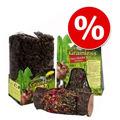 Pack de productos JR Farm Grainless para roedores, incluye pellets y snacks visibles en envases con imágenes de conejos. Círculo rojo con símbolo de porcentaje indica oferta o descuento.