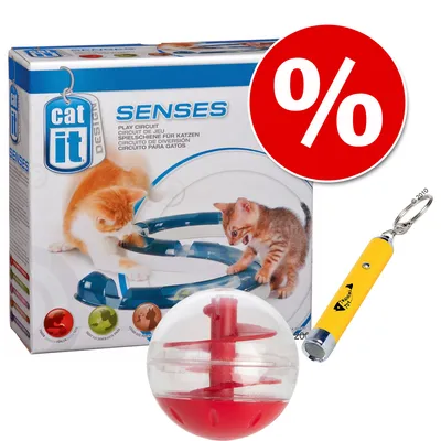 catit Senses -leikkirata kissoille, pakkauksessa kaksi kissaa, mukana punainen pallo ja keltainen avaimenperälelu, suuri prosenttimerkki tarjouksesta