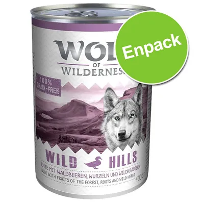 Wolf of Wilderness Wild Hills våtfoder, 100% grain-free, Enpack, 400 g. Text på tyska: Ente mit Waldbeeren, Wurzeln und Wildkräutern. Bild av varg och berg. Wolf of Wilderness Wild Hills våtfoder, 100% grain-free, Enpack, 400 g. Text på tyska: Ente mit Waldbeeren, Wurzeln und Wildkräutern. Bild av varg och berg.