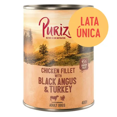 Lata única Purizon Chicken Fillet with Black Angus & Turkey, 45 % chicken fillet, 400 g. Texto en inglés: Adult Dogs.
