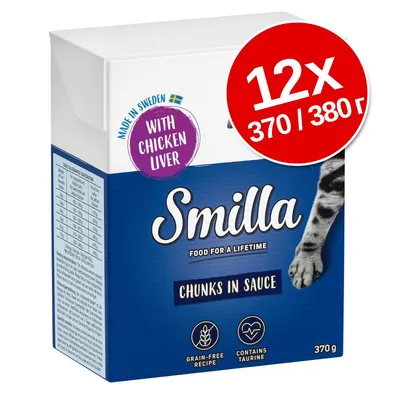 Smilla Chunks in Sauce с пилешки дроб, 12×370/380 г. Без зърнени храни, съдържа таурин. Видима котешка лапа на опаковката. Текст: Made in Sweden, With Chicken Liver.