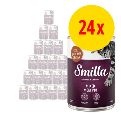 24x Smilla Mixed Meat Pot kattemad, 400 g dåser. Tekst: Beef, Duck and Chicken, Food for a lifetime, Contains taurine, Grain-free. Billede af kat på emballagen.