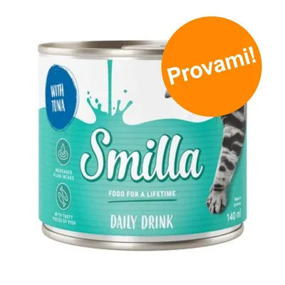 Lattina Smilla Daily Drink 140 ml, scritte visibili: 'With tuna', 'Increased fluid intake', 'With tasty pieces of fish', 'Provami!'. Immagine di una zampa di gatto.