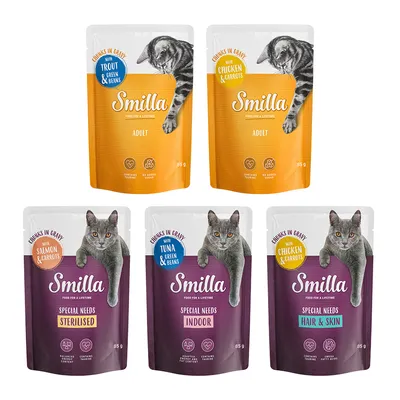 5 sachets Smilla 85 g pour chat : Adult truite/haricots verts, poulet/carottes ; Special Needs stérilisé saumon/carottes, indoor thon/haricots verts, hair & skin poulet/carottes.