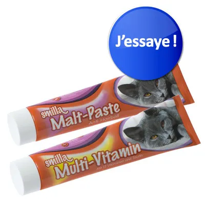 Tubes Smilla Malt-Paste Anti-Hairball et Smilla Multi-Vitamin avec photo de chat, pastille bleue « J’essaye ! » en haut à droite.