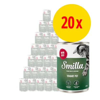 20x Smilla Yummy Pot kattemad dåser, WITH BEEF, CONTAINS TAURINE, GRAIN-FREE RECIPE, 400 g. Stor pakke med synlige dåser og tydelig produkttekst.