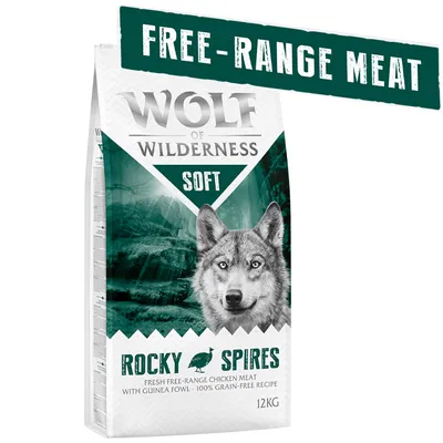Sac Wolf of Wilderness Soft Rocky Spires 12 kg, texte visible : Free-range meat, fresh free-range chicken meat with guinea fowl, 100 % grain-free recipe. Sac Wolf of Wilderness Soft Rocky Spires 12 kg, texte visible : Free-range meat, fresh free-range chicken meat with guinea fowl, 100 % grain-free recipe.