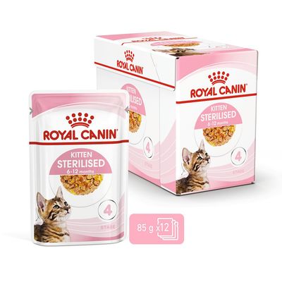 Royal Canin Kitten Sterilised 6-12 months, stage 4, pack of 12 x 85g pouches shown on packaging.