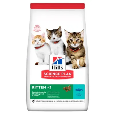 Bag labelled Science Plan Kitten under 1, supports immunity and healthy growth, with tuna. Shows three kittens and text: not artificially preserved, no synthetic colours or artificial flavours.