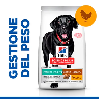 Hill's Science Plan Perfect Weight & Active Mobility con pollo per cani adulti taglia grande, gestione del peso. Testo visibile: GESTIONE DEL PESO, with chicken. Hill's Science Plan Perfect Weight & Active Mobility con pollo per cani adulti taglia grande, gestione del peso. Testo visibile: GESTIONE DEL PESO, with chicken.