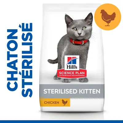 Sac de croquettes Hill's Science Plan pour chaton stérilisé, saveur poulet. Texte visible : STERILISED KITTEN, CHICKEN, SCIENCE PLAN, CHATON STÉRILISÉ.