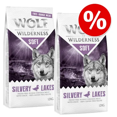 Wolf of Wilderness Soft Silvery Lakes, 12kg, mit Freiland-Huhn und Ente, 100% getreidefreie Rezeptur. Angebot mit rotem Prozentzeichen.