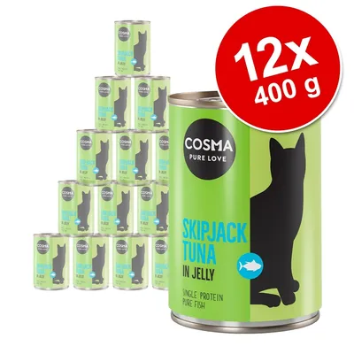 Lot de 12 boîtes Cosma Pure Love Skipjack Tuna in Jelly, 400 g chacune. Texte visible : Single Protein Pure Fish. Illustration de chat noir sur fond vert.