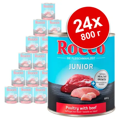 Rocco Junior консервирана храна за кучета, Poultry with beef, комплект 24×800 г. Видими са кутии с етикет на английски и немски език, надпис: Supports healthy growth.
