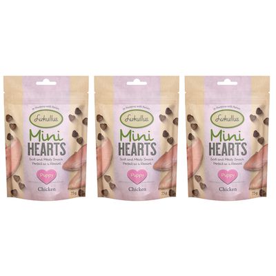 Drei Packungen Lukullus Mini Hearts Puppy, weicher Snack mit Huhn, perfekt als Belohnung. Inhalt je 75g.