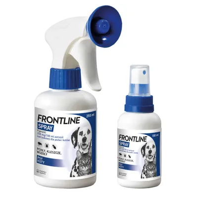 FRONTLINE SPRAY, Fipronil 250 mg/100 ml aerozol dla psów i kotów, na pchły, kleszcze, wszoły. Dwa opakowania: 250 ml i 100 ml.
