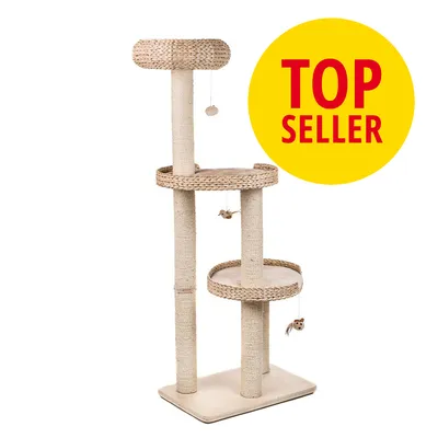 Kradsestativ med tre niveauer, sisalstolper og hængende legetøj. Gul cirkel med rød tekst: TOP SELLER.