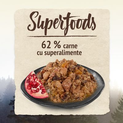 Superfoods, 62 % carne cu superalimente. Farfurie cu hrană umedă și o felie de rodie vizibile în imagine.
