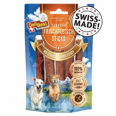DeliBest Strauss Frischfleisch Sticks, aus Straußenmuskelfleisch, 100% natürlich, kalt geformt, sans gluten, SWISS-MADE! Texte en allemand sur l’emballage.