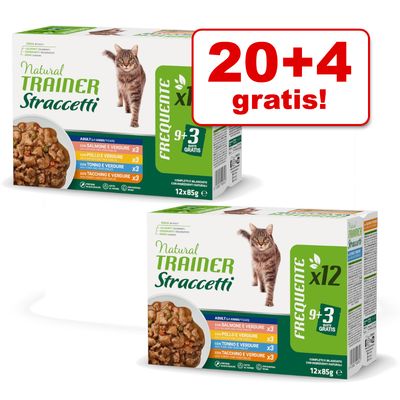 Pachet Natural Trainer Straccetti pentru pisici, 12x85g, sortimente: somon, pui, ton, curcan cu legume. Promoție vizibilă: 20+4 gratis! Etichetă Frecuente x12, 9+3 gratis.