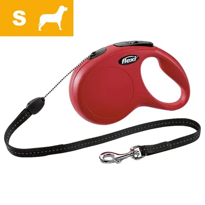 Guinzaglio avvolgibile Flexi rosso con manico in plastica, moschettone in metallo e corda nera. Simbolo cane taglia S visibile in alto a sinistra.