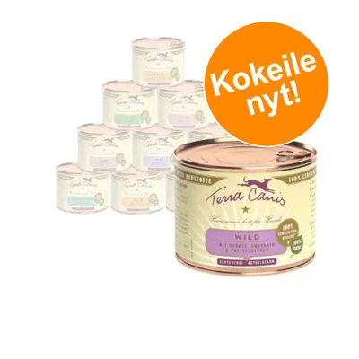 Terra Canis -koiranruokapurkkeja, etualalla purkki tekstillä 'Wild'. Oranssi ympyrä, jossa valkoinen teksti: Kokeile nyt!