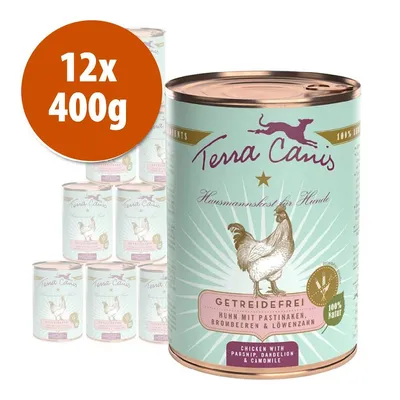 Zestaw 12 puszek po 400 g Terra Canis, widoczny napis: Getreidefrei, Huhn mit Pastinaken, Brombeeren & Löwenzahn, 100 % natur, chicken with parsnip, dandelion & camomile