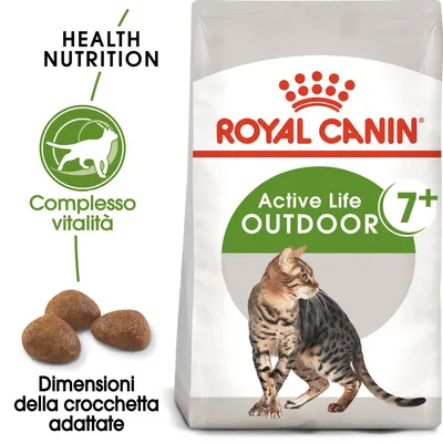 Royal Canin Active Life Outdoor 7+, complesso vitalità, dimensioni della crocchetta adattate, immagine di gatto adulto su confezione e tre crocchette visibili.