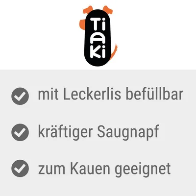 Tiaki. Mit Leckerlis befüllbar, kräftiger Saugnapf, zum Kauen geeignet.